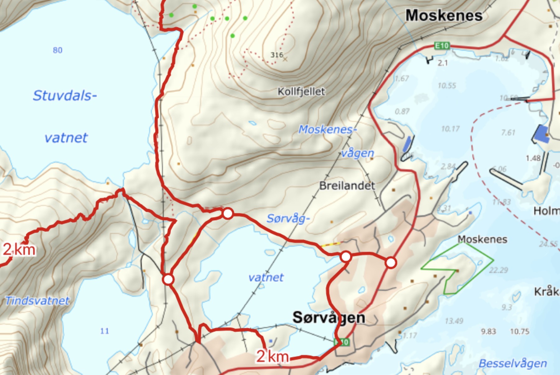 Rutekart for turen til Kollfjellet, fra Sørvågen via Stuvdalsvatnet til toppen