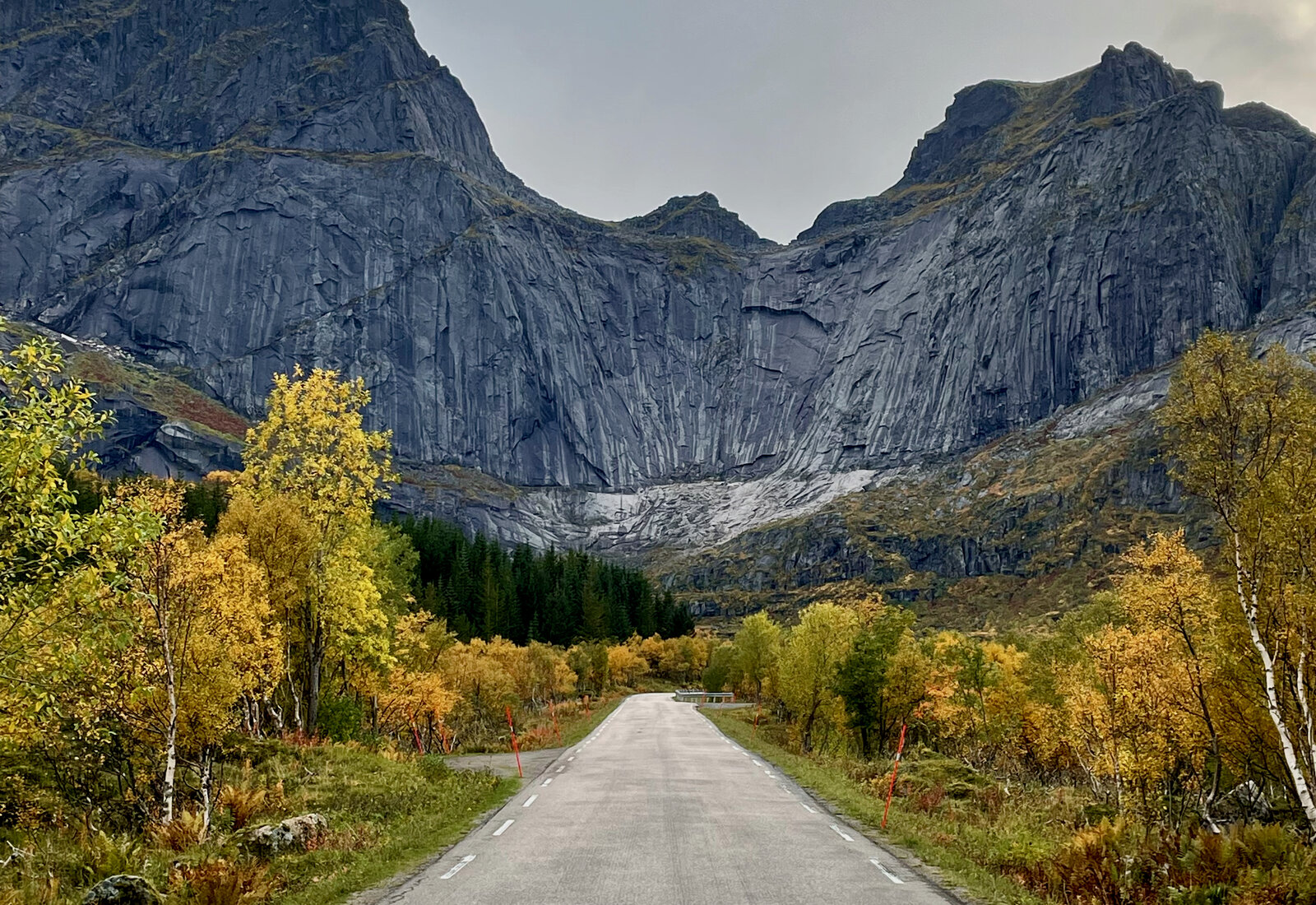 Vei omgitt av gyllen høstskog, med fjellvegg i bakgrunnen